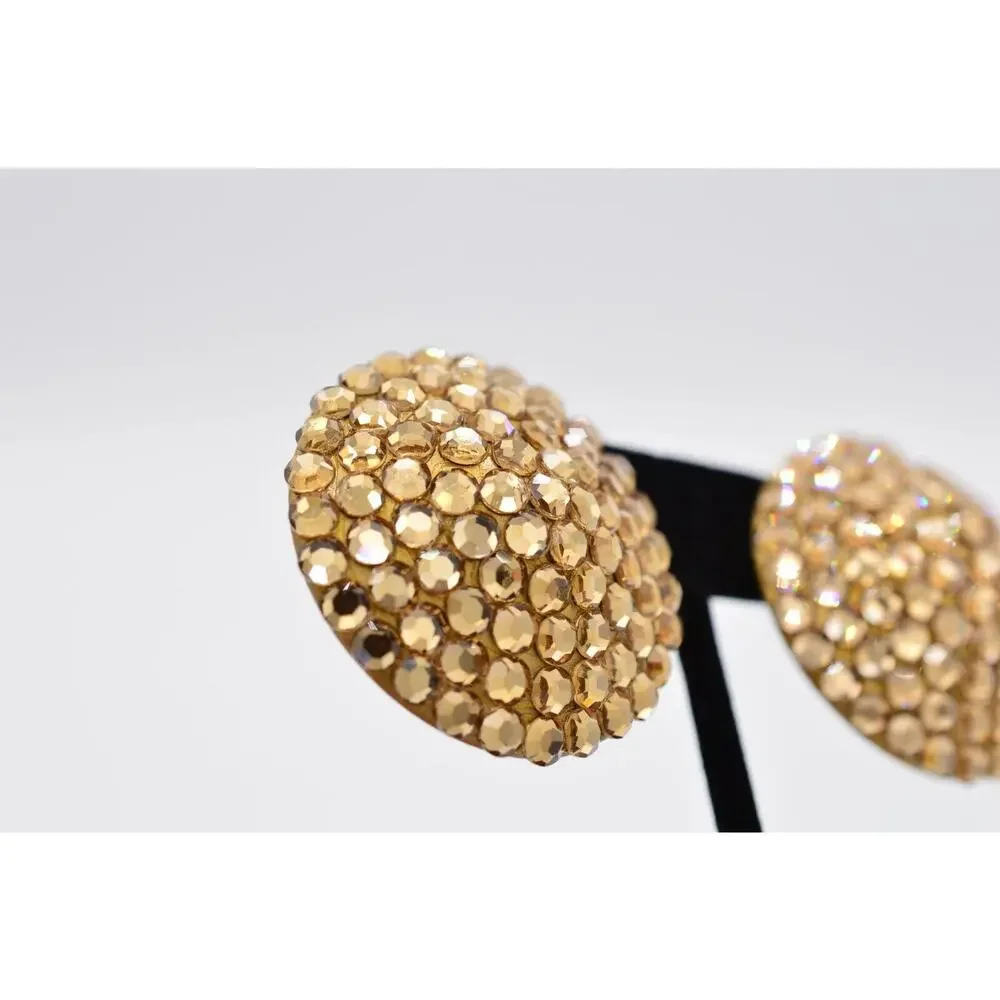 Vintage Crystal Clip Earrings Sparkling Brown Rhinestone Round Chunky 1980s 9L